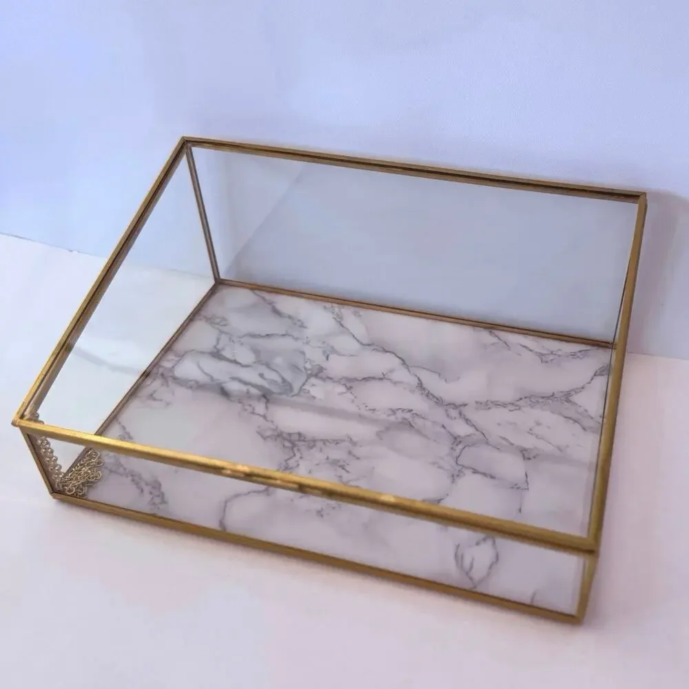 Glass Gold Display Box Lidded Faux Marble Chain Latch Trinket Jewelry 12 x 8